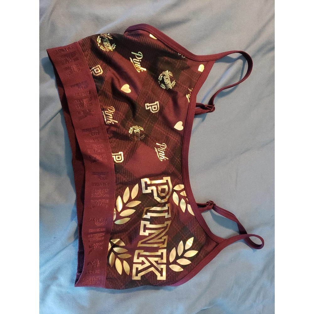 PINK Maroon with plaid and gold logo size Large Sports Bra
